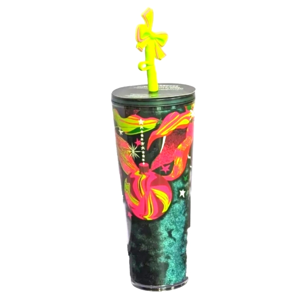 NEW, STARBUCKS 2023 Christmas Holiday Tumbler W/ Silicone Bow Straw Topper 24o